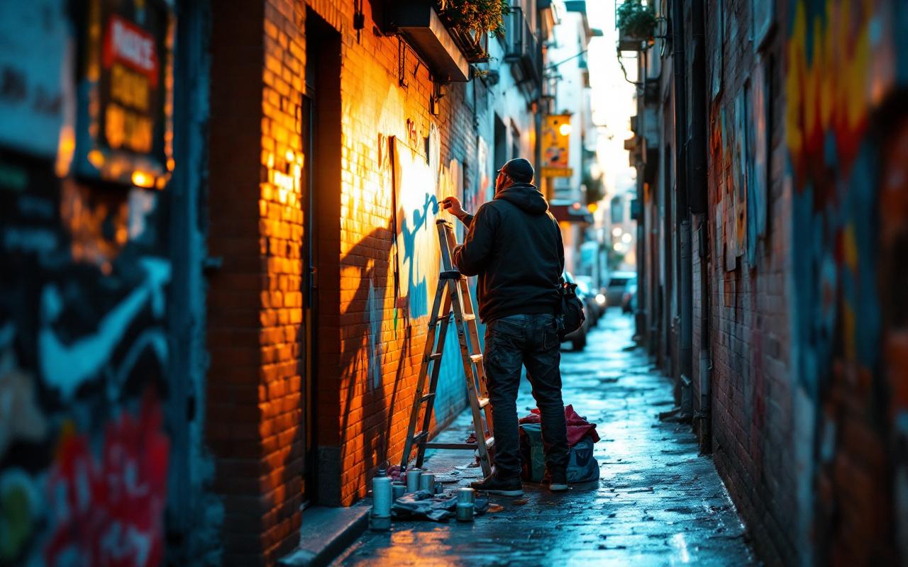 Artiste de rue en train de peindre une fresque dans une ruelle urbaine étroite, entouré de pots de peinture et d'une échelle. Lumière de coucher de soleil traversant la scène, murs en briques usés et sol mouillé, ambiance réaliste.