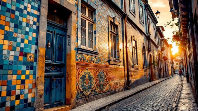 Façade colorée recouverte d'azulejos le long d'une rue pentue de Porto, carreaux bleus et ocres, textures usées, pavés au premier plan, lumière douce du coucher de soleil, ambiance réaliste et naturelle.