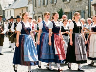 Des jeunes femmes en costumes traditionnels bretons participent à une cérémonie estivale à Quimper, avec un bagad en arrière-plan.