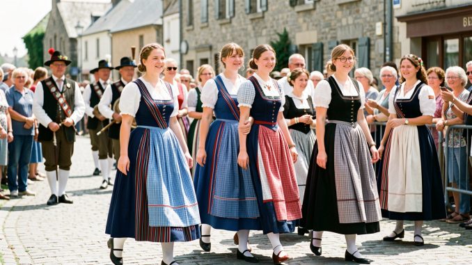 Des jeunes femmes en costumes traditionnels bretons participent à une cérémonie estivale à Quimper, avec un bagad en arrière-plan.