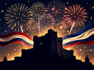 Illustration éditoriale représentant la silhouette stylisée de la Bastille, un drapeau tricolore qui ondule et des feux d’artifice dans un ciel nocturne, avec une ambiance de fête nationale.