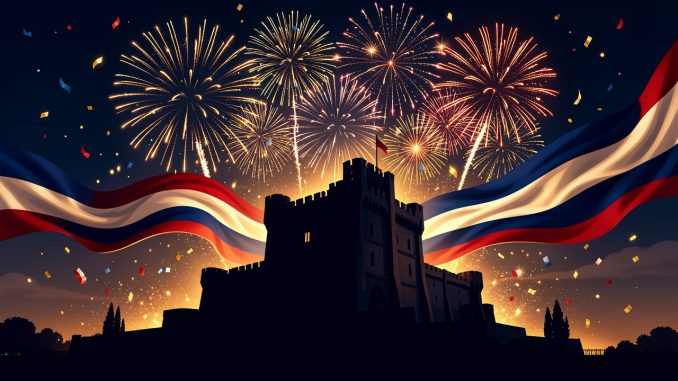Illustration éditoriale représentant la silhouette stylisée de la Bastille, un drapeau tricolore qui ondule et des feux d’artifice dans un ciel nocturne, avec une ambiance de fête nationale.
