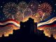 Illustration éditoriale représentant la silhouette stylisée de la Bastille, un drapeau tricolore qui ondule et des feux d’artifice dans un ciel nocturne, avec une ambiance de fête nationale.