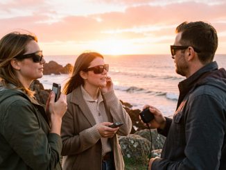 Trois observateurs, deux femmes et un homme, portent des lunettes d’éclipse sur une côte bretonne au coucher du soleil, près d’une petite enceinte portable.