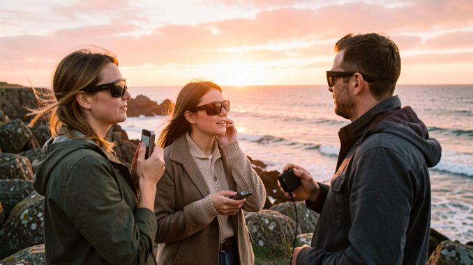 Trois observateurs, deux femmes et un homme, portent des lunettes d’éclipse sur une côte bretonne au coucher du soleil, près d’une petite enceinte portable.