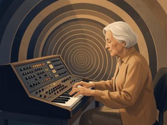 Illustration abstraite d’une compositrice âgée devant un synthétiseur modulaire analogique, entourée de nappes sonores concentriques dans une ambiance sobre et contemplative.