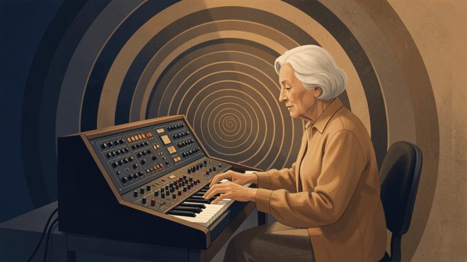 Illustration abstraite d’une compositrice âgée devant un synthétiseur modulaire analogique, entourée de nappes sonores concentriques dans une ambiance sobre et contemplative.