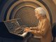 Illustration abstraite d’une compositrice âgée devant un synthétiseur modulaire analogique, entourée de nappes sonores concentriques dans une ambiance sobre et contemplative.