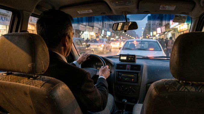Intérieur réaliste d’un taxi à Kaboul au crépuscule, avec un chauffeur concentré vu de dos, un autoradio discret et des rues encombrées visibles par le pare-brise.