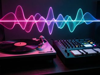 Platine vinyle et contrôleur MIDI éclairés par des ondes sonores abstraites et colorées dans un home studio sombre.