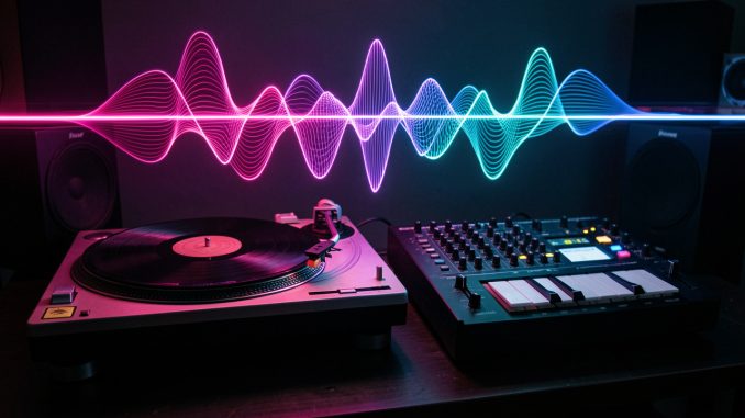 Platine vinyle et contrôleur MIDI éclairés par des ondes sonores abstraites et colorées dans un home studio sombre.