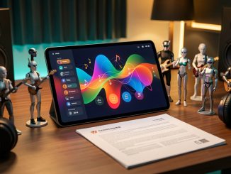 Illustration réaliste d’une tablette musicale entourée d’avatars générés par intelligence artificielle et de documents de licence dans un home studio moderne.