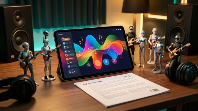 Illustration réaliste d’une tablette musicale entourée d’avatars générés par intelligence artificielle et de documents de licence dans un home studio moderne.
