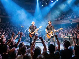 Salle de concert française comble, avec un chanteur et un guitariste sur scène sous des éclairages bleus, tandis que le public chante et lève les bras.