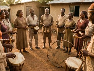 Groupe mixte de musiciens réunionnais en cercle, avec un roulèr au premier plan, des kayambs et des chanteurs vêtus sobrement dans une lumière naturelle chaleureuse.