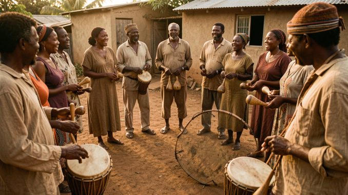 Groupe mixte de musiciens réunionnais en cercle, avec un roulèr au premier plan, des kayambs et des chanteurs vêtus sobrement dans une lumière naturelle chaleureuse.