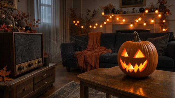 Salon chaleureux décoré pour Halloween avec une enceinte vintage, des guirlandes orangées, une citrouille lumineuse et une ambiance sonore inquiétante suggérée visuellement.